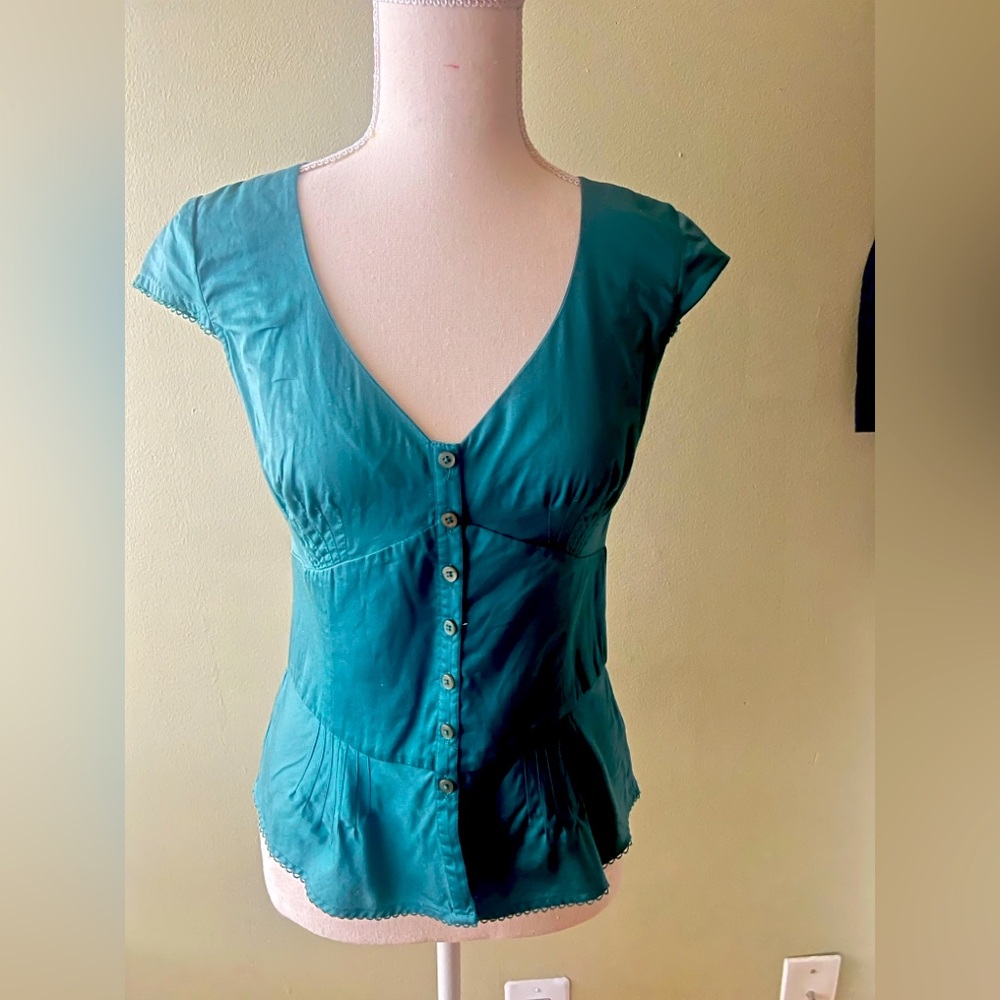 LOFT Teal Cap Sleeve Peplum Blouse NWOT Size 0